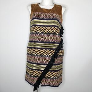 NWT Allison New York tan blue black fringe wool blend geometric shift dress XL